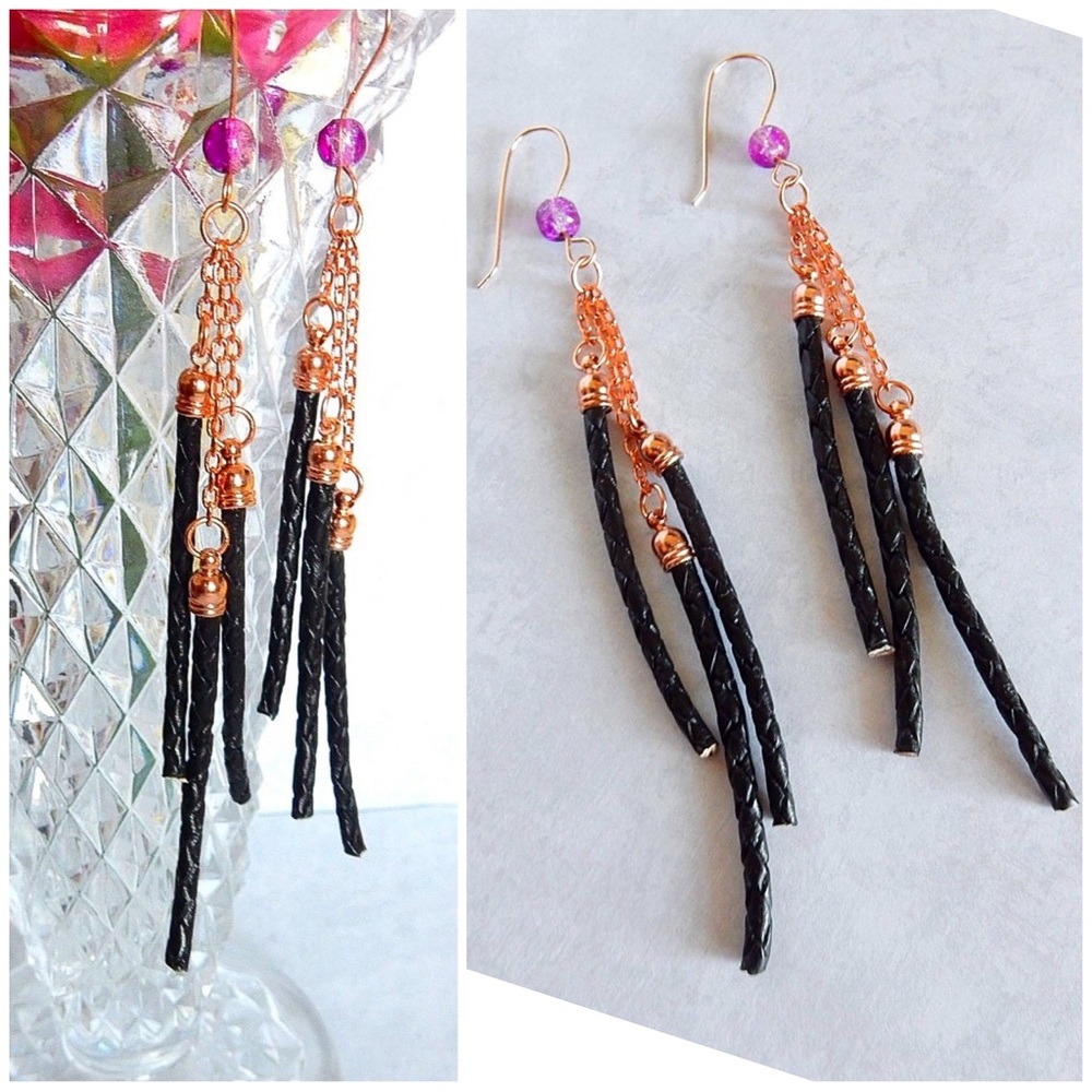 Leather and Copper Chain Dangles Long Earrings Fringe Rose Gold Statement Modern